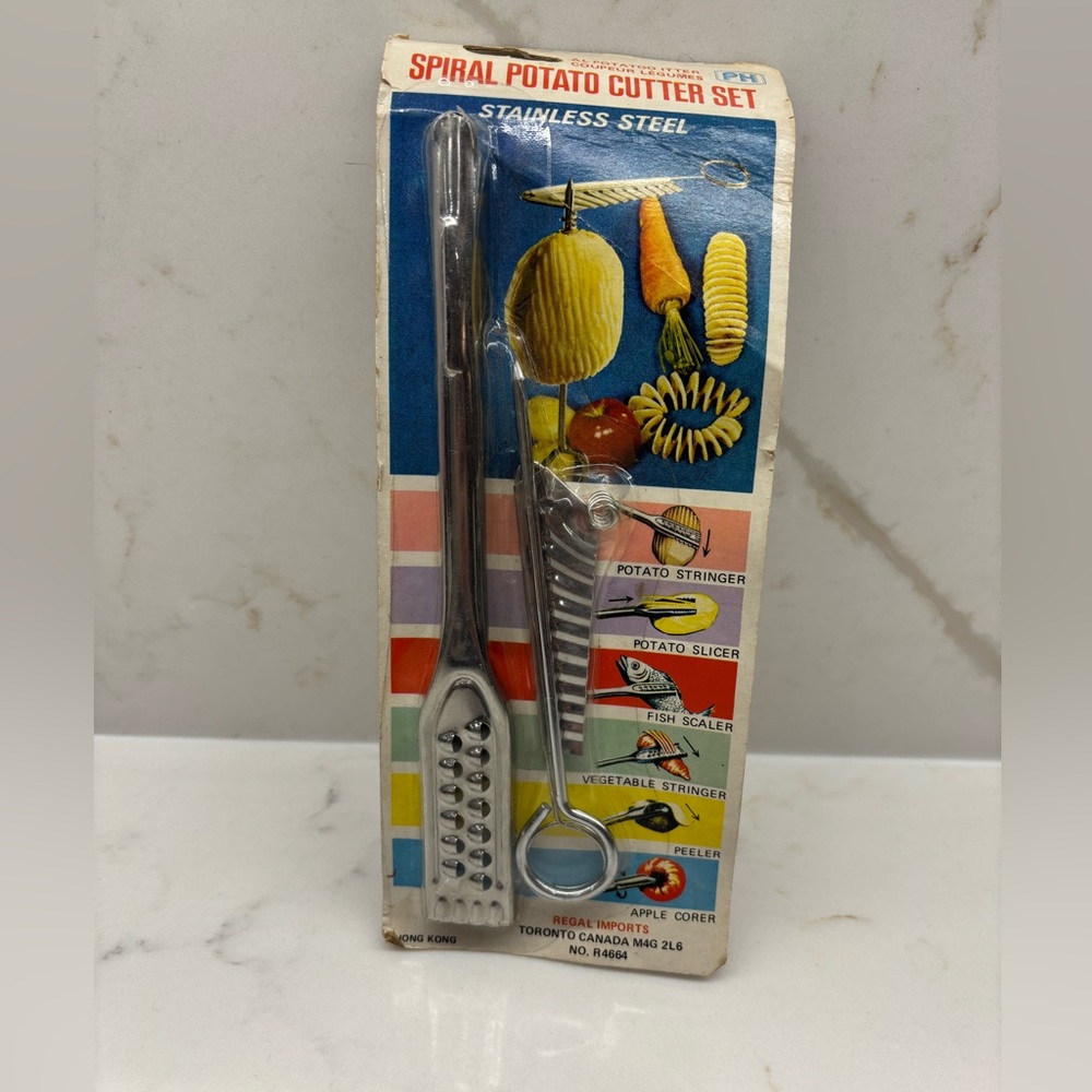 Vintage 1970s Stainless Steel Spiral Potato Cutter Set in Original Packaging